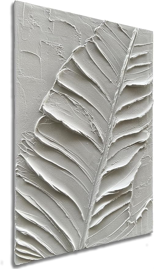 Art Hand-Painted Modern Minimalist Abstract Art Featuring White Leaf Texture - Oil Painting for Home Office Corridor Wall Decoration. 36x24 inches