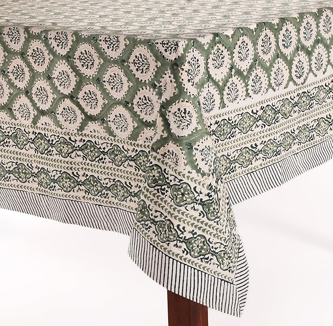 ATOSII Kari Green 100% Cotton Rectangle Boho Summer Tablecloth, Block Print Floral Table Cloth Linen for Dining, Parties, Wedding, Outdoors Home Decor 60 X 108 Inches I 8 Seater I