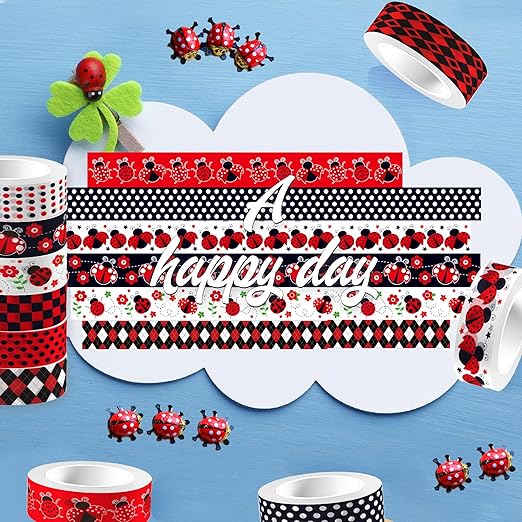 12 Rolls Insect Washi Tape, Seven Star Ladybug Masking Tape, Red Black Spots Decorative Tape for Journaling, Scrapbooking, DIY Crafts, Planner, Gift Wrapping, 16.4FT