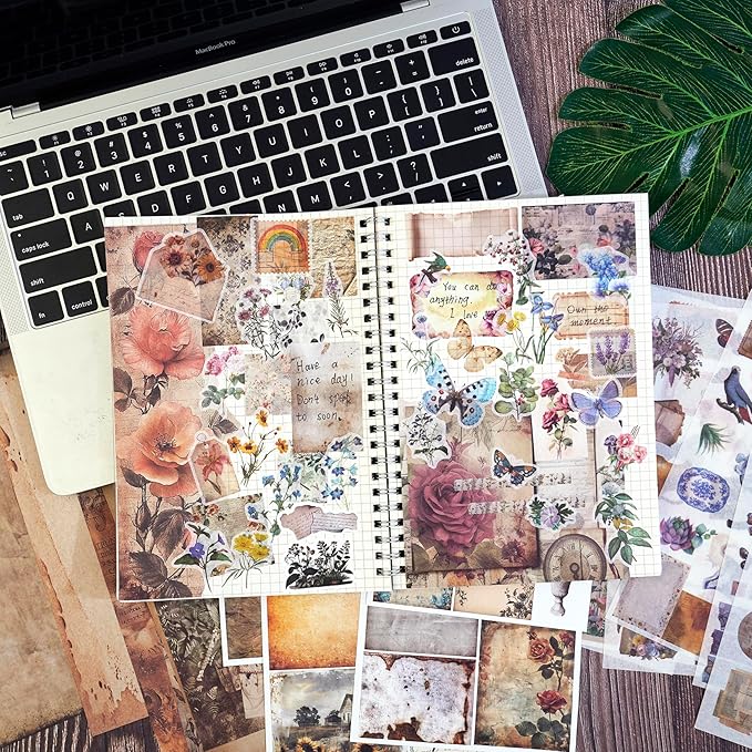 Vintage Cottagecore Stickers Set - 38 Sheets Retro Floral, Botanical Animal Washi Stickers & Writing Antique Scrapbook Paper for Journaling, Crafting, Art Projects