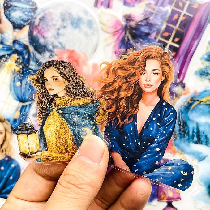 180 PCS Fantasy Midnight Aesthetic Scrapbook Stickers – Boho Watercolor Dreamy Night Sky, Moon, Stars, Girls, Crystal Ball, Witchy Celestial, Galaxy Clear Stickers for Journaling, Resin Crafts, Laptop