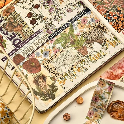 8 Rolls Retro Washi Tape Set Vintage Arts Adhesive Tapes Wide Painting Patterned Decorative Masking Tape Sets for Craft, Kids, Scrapbook, DIY, Gift Wrapping (Flowers & Plants)