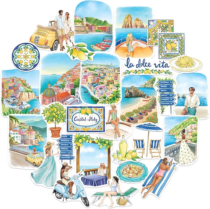 Navy Peony Coastal Italy Travel Stickers (29pcs) - Watercolor, Waterproof, Amalfi Summer, Beach-Themed Vacation Decals for Scrapbooks, Waterbottle