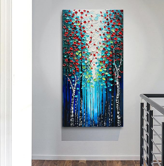 Forest Landscape Hand Painted Art Oil Painting Dark Blue Large Vertical Canvas Wall Art 46×23 Inch Oil Painting Home Wall Decoration Art