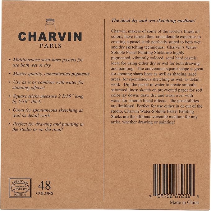 Charvin Artist Colored Chalk Pastels (Set of 48) - Water Soluble, Assorted Pastel Color Sticks for Wet, & Dry Painting