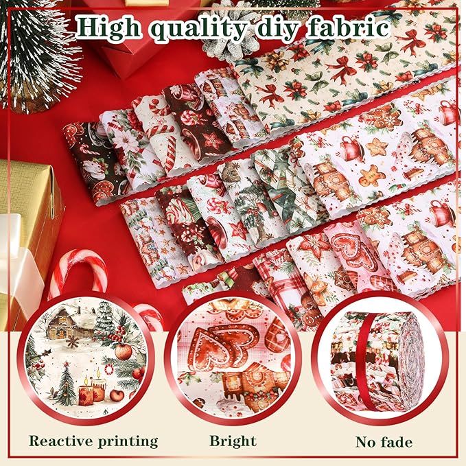 Ganeen 100 Pcs Christmas Gingerbread Man Quilting Fabric Roll 2. 56 Inch Fabric Squares Jelly Patchwork Precut Strips Bundles for Holiday Materials Craft DIY Sewing Cloths