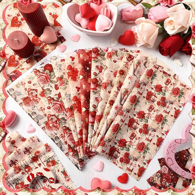 20 Pcs 10''x10'' Vintage Valentines Quilting Fabric Square Bundle Love Heart Precuts Quiltted Fabric Red and Pink Rose Printed Patchwork Supplies for DIY Material Sewing Craft Strips
