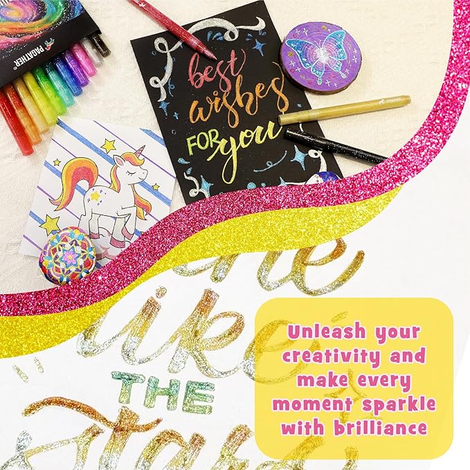 12 Colors Glitter Markers, 0.7mm Extra Fine Tip Sparkling Acrylic Paint Pens for Crafts, Adult Coloring, and DIY Projects on Paper, Rock, Wood, Glass and Fabric