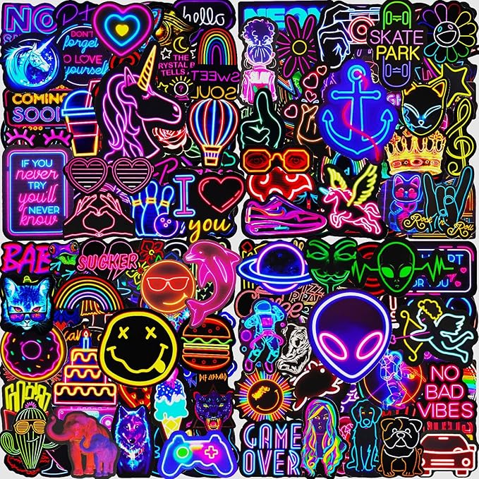 Water Bottle Stickers 200 Pcs Cool Neon Sticker Packs, Prizes for Kids Classroom Reward, Waterproof Vinyl Stickers for Water Bottles Laptop Skateboard Journal Scrapbooking Notesbook Guitar Luggage etc