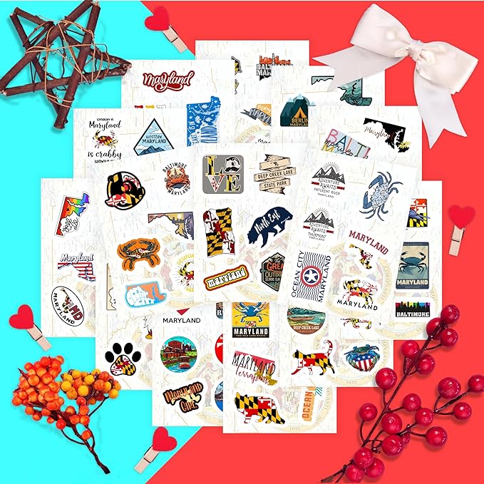 BulbaCraft 100Pcs Maryland Stickers for Water Bottle and Laptop - Maryland Party Supplies & Decorations, Waterproof Vinyl Decals, State Pride and Icon Stickers, Gifts for Women & Men