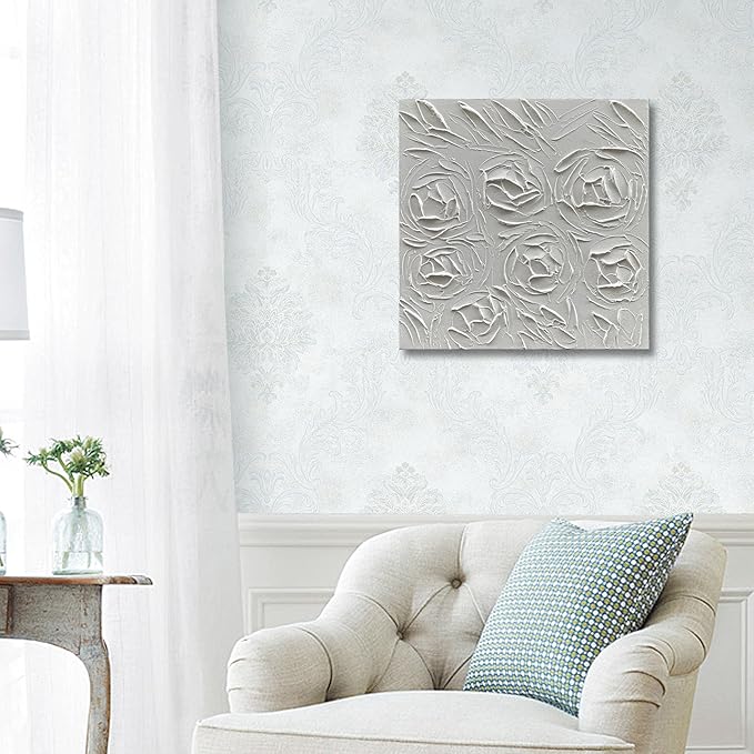 Art Hand-Painted Abstract Three-Dimensional Textured Art Oil Painting of White Roses, 24x24 inches. Modern Minimalist Style Art. Suitable for Wall Decoration in Home Offices