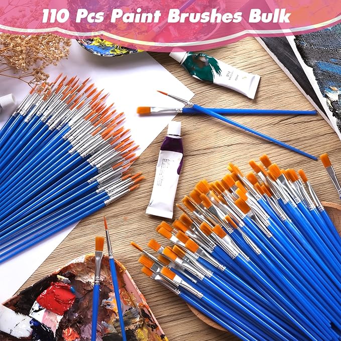 110Pcs Small Paint Brushes Bulk, Flat Top Acrylic Classroom Brush for Kids Mini Paint Brushes for Touch Up Crafts Detail Painting
