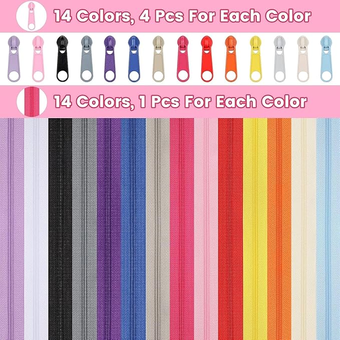 DOITEM 42 Yards 14 Pieces Coil Zippers Assorted Nylon Zipper with 56 Sliders, 14 Color for DIY Tailor Sewing Crafts