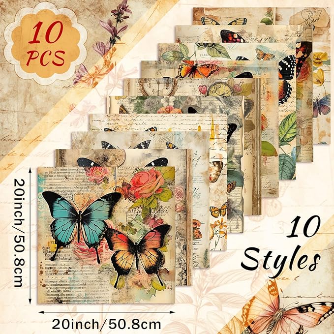 Hahafelt 10 Pcs Vintage Butterfly Fat Quarters Bundles 20 x 20 Inch Retro Fat Squares Quilting Fabric Butterfly Floral Precuts Printed Patchwork Supplies for Christmas DIY Sewing Craft