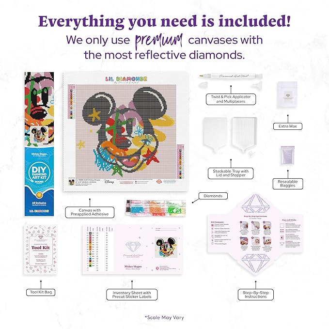 DIAMOND ART CLUB Mickey Shapes Diamond Painting Kit, Fun DIY Crafts for Adults, Round Diamond Art Canvas, 13" x 13"