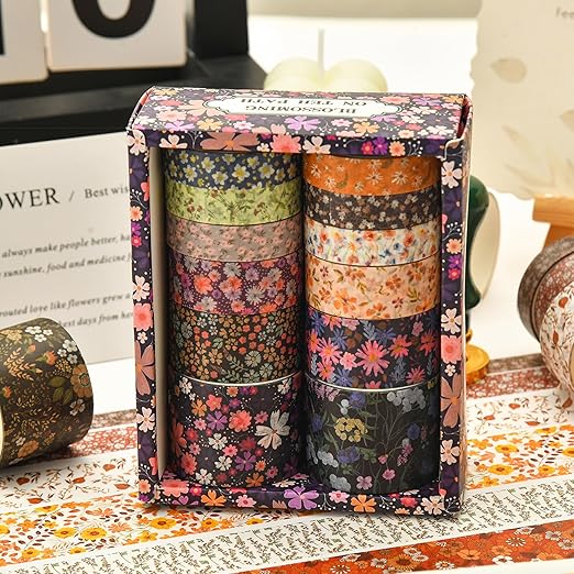 12 Rolls Flowers Washi Tape Set Floral Arts Adhesive Tapes Blooming Garden Decorative Masking Tape Sets for Craft, Kids, Scrapbook, DIY, Gift Wrapping (Forested Islet)