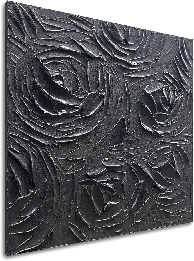 Art Hand-Painted Abstract Three-Dimensional Textured Black Rose Flower Art Oil Painting, 24x24 inches. Modern Minimalist Style Art. Suitable for Wall Decoration in Home Office