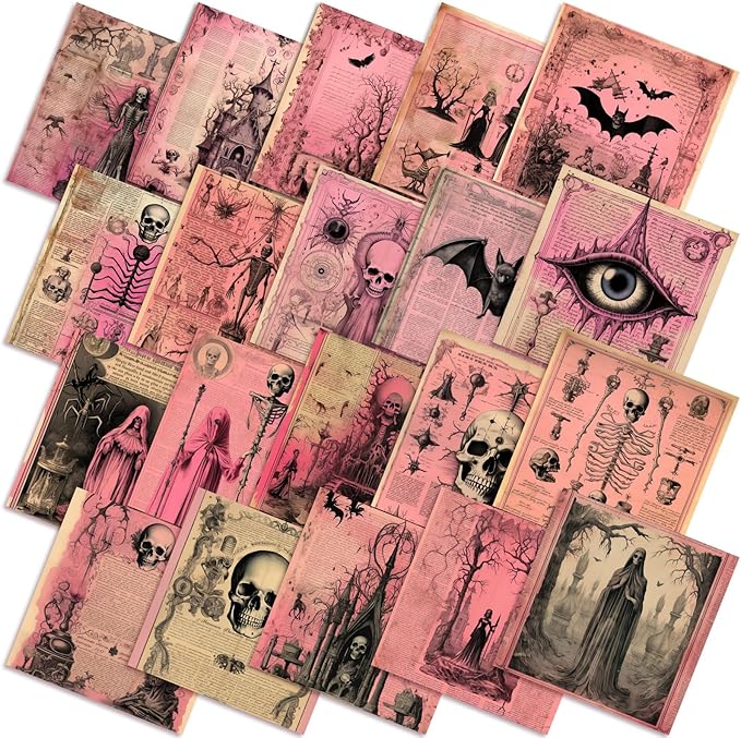 Ganeen 60 Pcs 10 x 10 Inch Pink Gothic Halloween Quilting Fabric Squares Vintage Pink Ghost Fat Patchwork Precut Strips Retro Bat Skull Fabric Bundles for DIY Craft Sewing Quilt Material Handmade