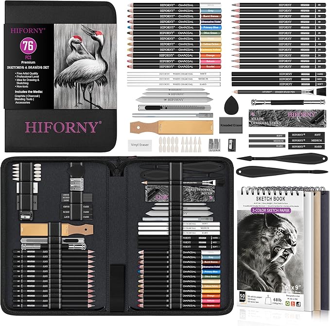 HIFORNY 76 PCS Drawing Set Sketching Kit,Sketch Pencils Art Supplies with Graphite,Charcoal,Blending Tools & Accessories,Portable Zippered Travel Case for Artists & Beginners