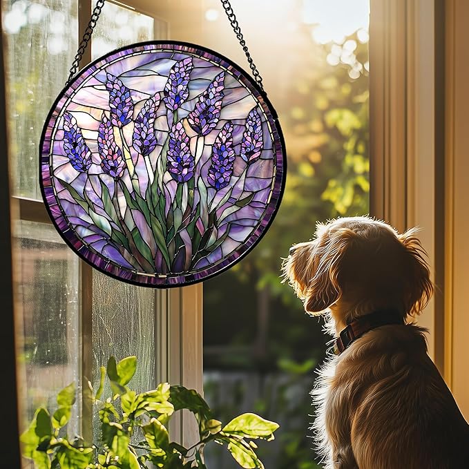 Stained Glass Window Hanging - Purple Flowers Suncatcher for Door Terrace Garden Home Decor Lavender Plant Floral Sun Catcher Birthday Gifts for Lovers Women Men Dad Mom Nana 9.8 in