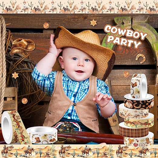 Adirasenotek 12 Rolls Western Washi Tape Set, Cowboy Cowgirl Decorative Paper Stickers, DIY Art Crafts Wrapping Decor for Gifts, Cowboy Stickers