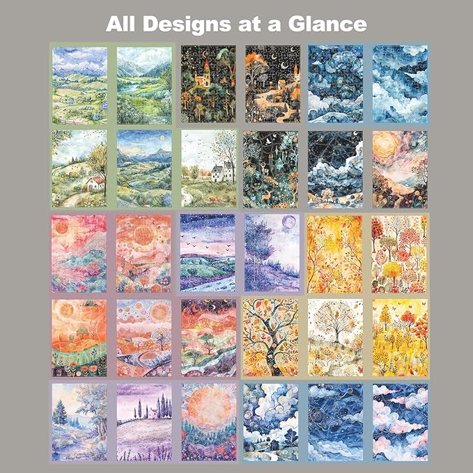 30 Sheets Pre-Cut Puzzle Washi Stickers, Seasonal Landscape Designs, Writable with Adhesive Backing for Scrapbooking, Bullet Journal, DIY Collage