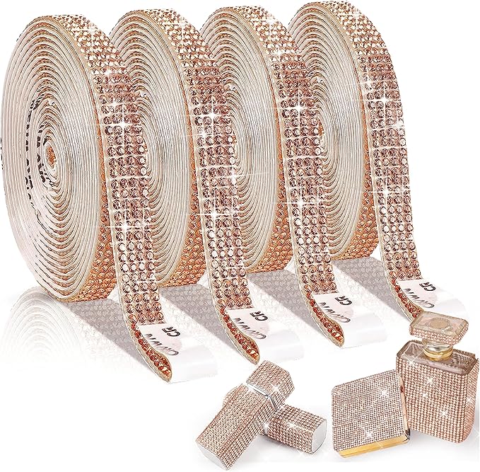 4 Rolls Self Adhesive Crystal Rhinestone Ribbon Diamond Bling Tape with 2 mm Rhinestones Strips Sticker for Arts Crafts Wedding Birthday Party DIY Event Car Phone Decoration (Champagne Gold)