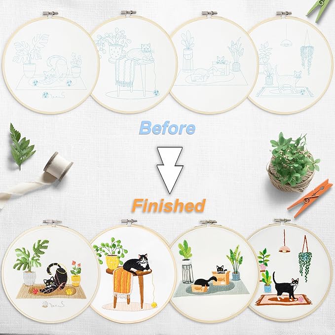 Bonroy 4 Sets Embroidery Set for Beginners, Art Craft, Easy Sewing, Includes Embroidery Clothing, Pattern, Embroidery Hoop, Instruction Manual, Colorful Thread Stitch Set (Cat)