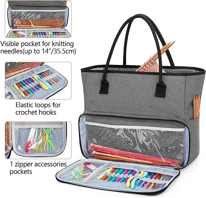 Yarwo Knitting Crochet Bag, Yarn Storage Tote Bag for WIP Projects, Yarn Skeins, Crochet Hooks and Knitting needles, Christmas & New Beginnings Gifts for Women, Gray with Arrow (Bag Only)