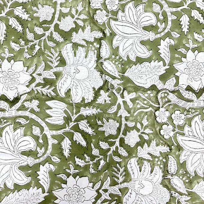 ATOSII Noori Green 100% Cotton Tablecloth, Block Print Rectangle Table Cover for Dining, Parties, Weddings, Outdoors, Holidays, 60 X 108 Inches, 8 Seater I Grandmillennial Preppy Boho Farmhouse Summer