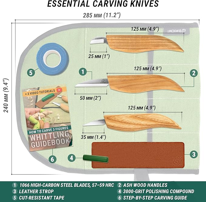 BeaverCraft Wood Carving Knife Kit S15 Whittling Kit for Beginners, Kids - Wood Carving Tools Set with Detail Chip Knife Sloyd Whittling Knives & Leather Strop, Polishing Compound and Tutorials