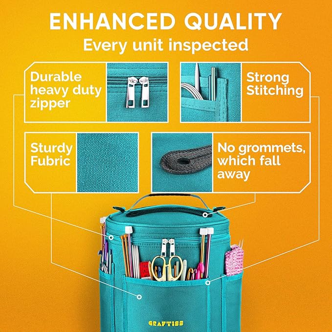 CRAFTISS Knitting Bag Yarn Storage - Christmas Gift - Durable Canvas Yarn Holder for Crochet Accessories - Organizer Crochet Bag with Knitting Accessories Case (Turquoise)