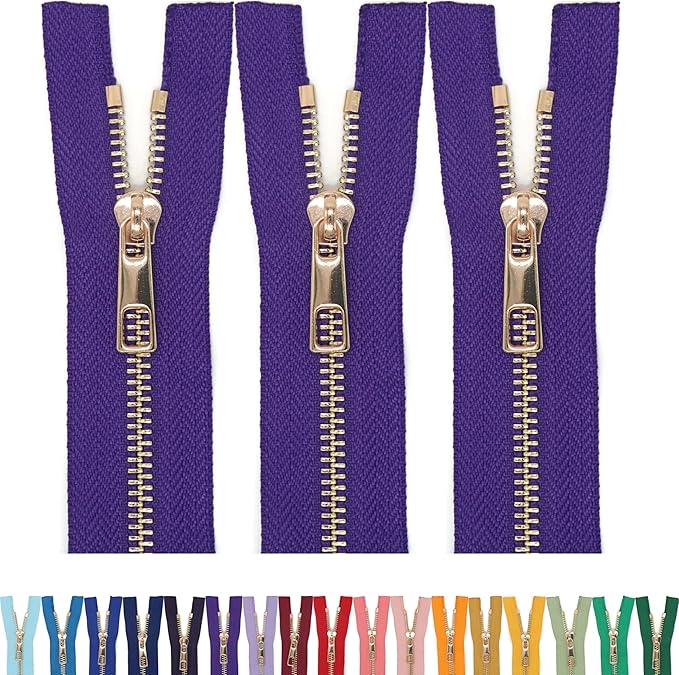 #5 Gold Metal Zipper - 50+ Colors - 3 PCS - (4-14 inches) Sizes - Luxury Lightweight Handcraft Metal Zippers with pulls for Purses Bags Pockets Shoes Sewing & Crafts DIY ZP022514