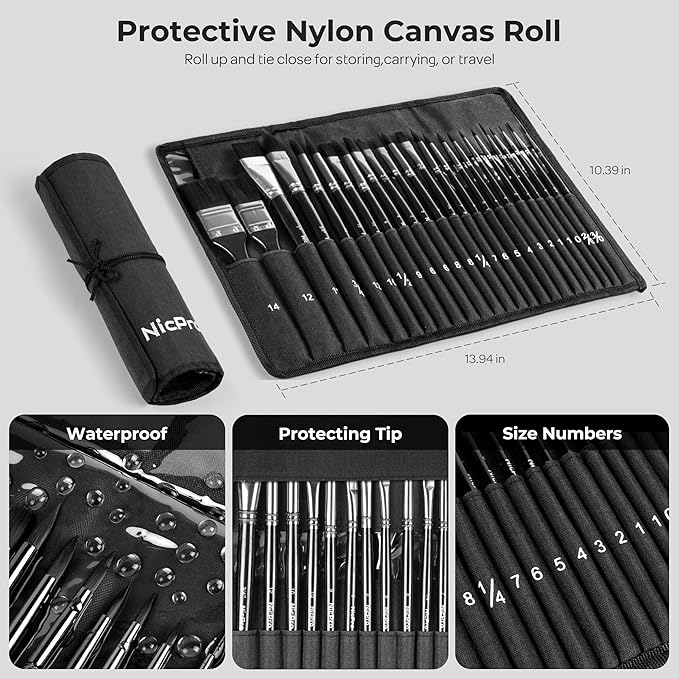 Nicpro Watercolor Brushes Professional, 24pcs Soft Synthetic Squirrel Hair Watercolor Paint Brush Set with Cloth Roll, Round, Flat, Filbert, Dagger, Cat Tongue for Water Color Gouache Inks Painting