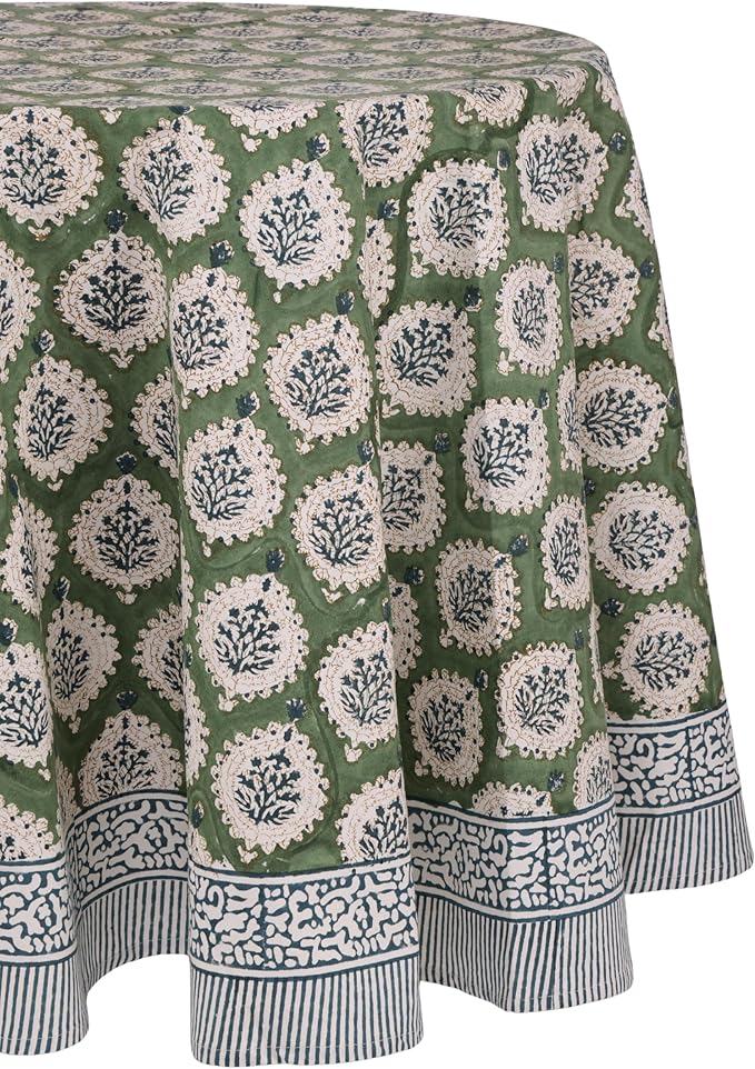 ATOSII Kari Green 100% Cotton Round Tablecloth, Handblock Print Floral Table Cloth for Kitchen Dining Linen I Parties, Weddings, Outdoors, Easter, Spring Summer Decor I 60" Inches Round