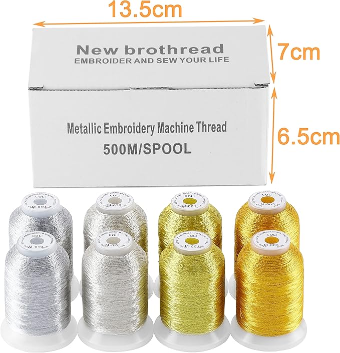 New brothread 8pcs (4 Gold+4 Silver Colors) Metallic Embroidery Machine Thread Kit 500M (550Y) Each Spool for Computerized Embroidery and Decorative Sewing - Assortment 2