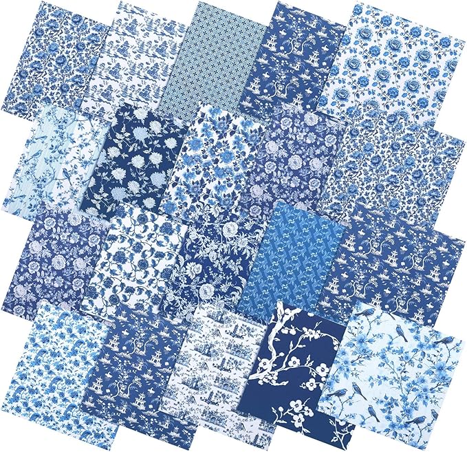 Oudain 60 Pcs 10 x 10 Inch Blue and White Quilting Fabric Squares Chinoiserie Fat Patchwork Chinoiserie Precut Strips Vintage Porcelain Fabric Bundles for Christmas DIY Xmas Craft Sewing Material