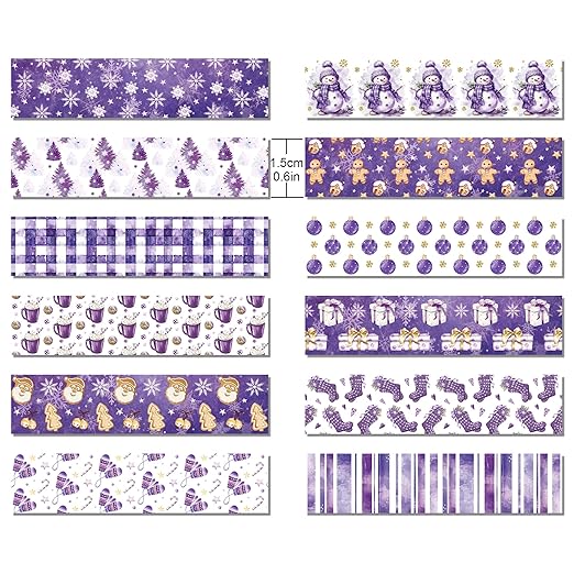 12 Rolls Purple Christmas Washi Tape Decorative Tape,Gingerbread Man Snowflake Christmas Tree Snowman Pattern for DIY Art Craft Gift Wrapping Scrapbook Journal Party Supplies Xmas Supplies