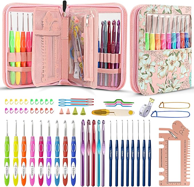 LOOEN 61Pcs Ergonomic Crochet Hooks Set, 22size (0.75mm-10mm), with Case for Arthritic Hands, Extra Long Crochet Needles, Nice Gift (Pink)