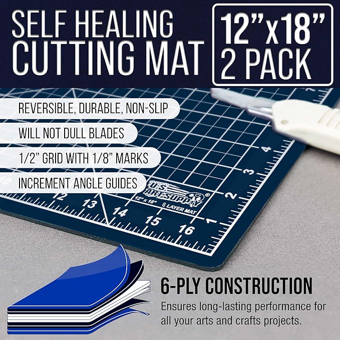 U.S. Art Supply 12" x 18" Self-Healing Cutting Mat 5-Ply (2 Pack) - Double-Sided White/Blue Craft Mat, Non-Slip Cutting Mats for Crafts, Sewing, Quilting, Scrapbooking