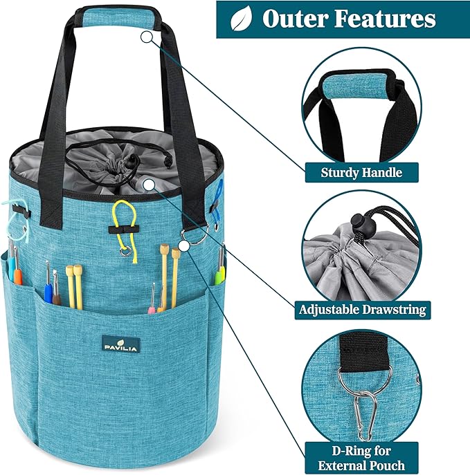 PAVILIA Crochet Bag Knitting Bag Organizer, Yarn Bag Storage Tote for Crocheting On The Go, Knitting Accessories Supplies Holder with Grommets, Gift for Crochet Lovers Knitters (Turquoise Blue)