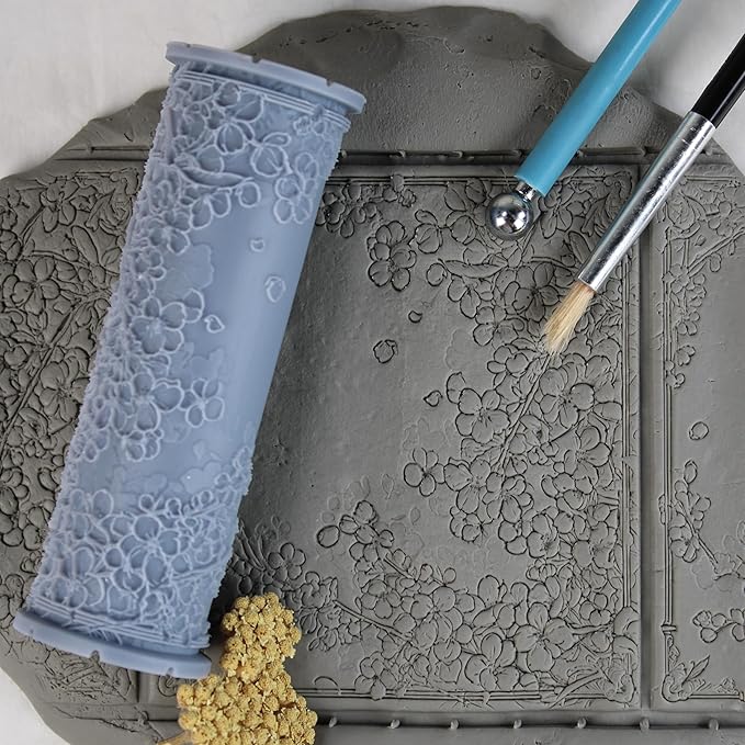 Cherry Blossom Clay Texture Roller (4") - Flower Set #01 - Embossing Pattern Roller for Polymer & Ceramic Clay, Pottery & Crafts