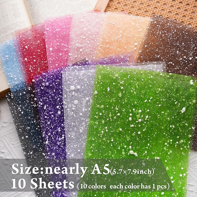 A5 Size Colorful Textured Fabric Art Paper And Textured Fabric Mesh. 10PCS For Handicraft Production, Junk Journaling Supplies, Card Making, Collage Art Decoration(snowy mesh)
