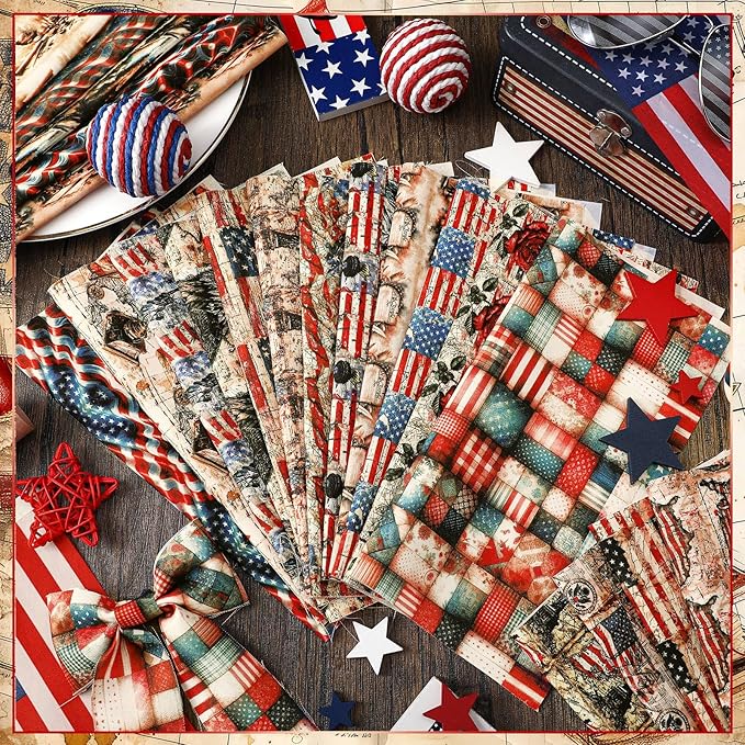 Ganeen 60 Pcs 10 x 10 Inch Vintage Patriotic Quilting Fabric Squares American Flag Fabric Bundle Retro 4th of July Fat Patchwork Precut Stripes for Memorial Day Handmade Material Sewing DIY Crafts