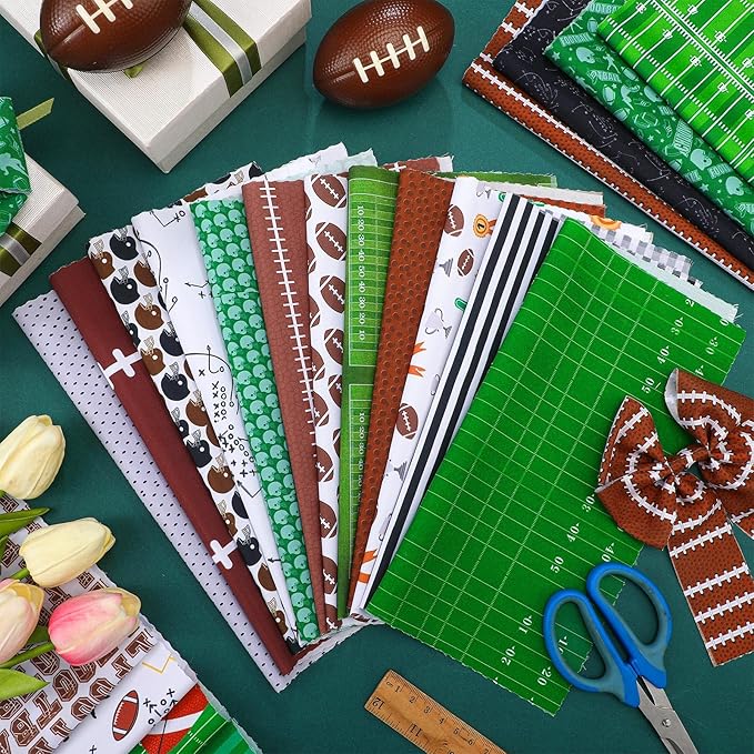 Ganeen 60 Pcs 10 x 10 Inch Football Quilting Fabric Squares Vintage Football Fat Patchwork Precut Strips Retro Green and Brown Fabric Bundles for Holiday DIY Craft Sewing Quilt Material Handmade