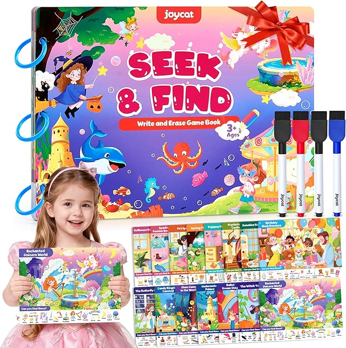 JoyCat Seek & Find Game Book, Educational Toys for Girls Ages 3-5, Preschool Learning Activities for Toddlers & Kids, Christmas Road Trip Travel Toys for Car & Airplane, Gifts for 3 4 5 6 Year Olds