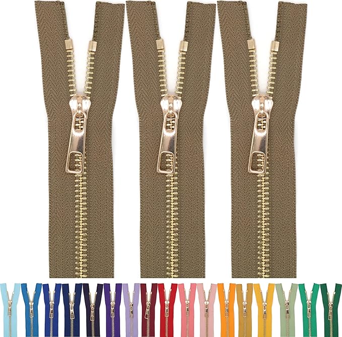 #5 Gold Metal Zipper - 50+ Colors - 3 PCS - (4-14 inches) Sizes - Luxury Lightweight Handcraft Metal Zippers with pulls for Purses Bags Pockets Shoes Sewing & Crafts DIY ZP02489