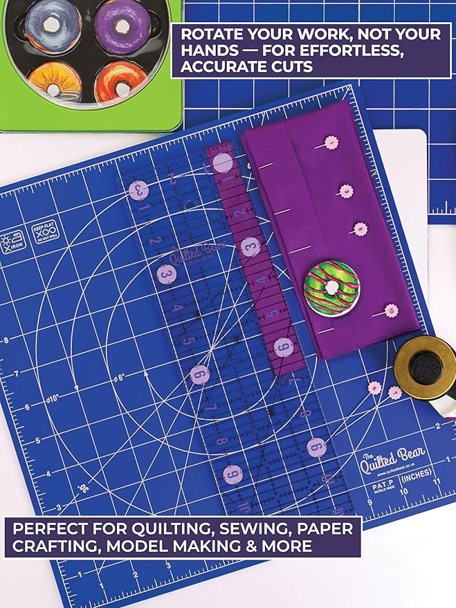 The Quilted Bear Rotating Cutting Mat 7" x 7" - Locking & Rotating Self Healing Cutting Board for Sewing, Fabric & Effortless Quilting - 360 Degree Sewing Supplies Mat for Craft Table (Blue)