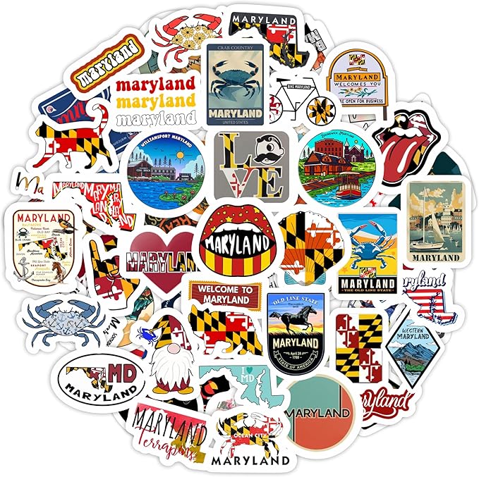 BulbaCraft 100Pcs Maryland Stickers for Water Bottle and Laptop - Maryland Party Supplies & Decorations, Waterproof Vinyl Decals, State Pride and Icon Stickers, Gifts for Women & Men
