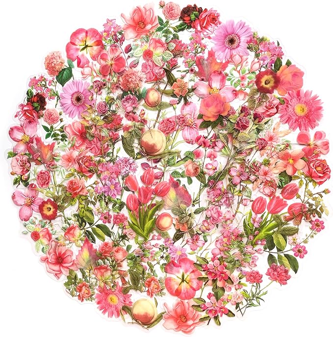 Yoksas Nature Vintage Pink Flower Plants Stickers - 100 Pcs Aesthetic Clear Floral Stickers for Scrapbooking, Journaling,Planner,Art Project